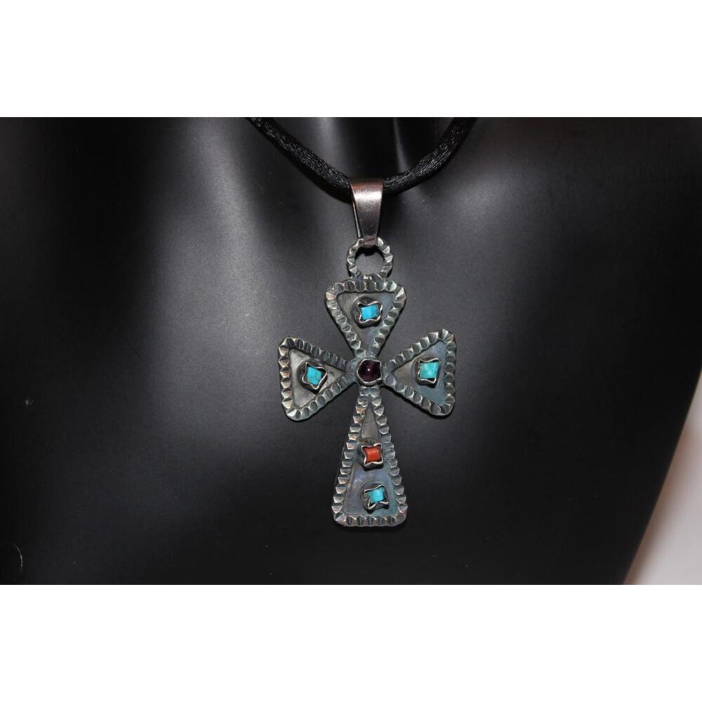 Vintage 925 CII Mexico Sterling Silver Turquoise Coral Amethyst Cross Pendant - Picture 2 of 4